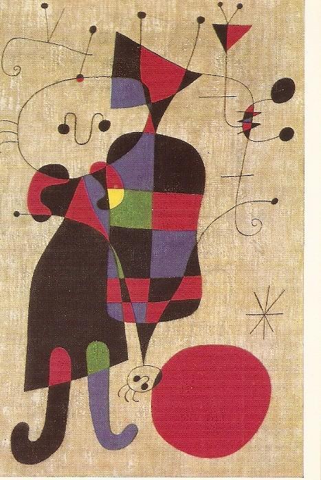Postal 021051 : Personnages et chien devant le soleil, Joan Miro