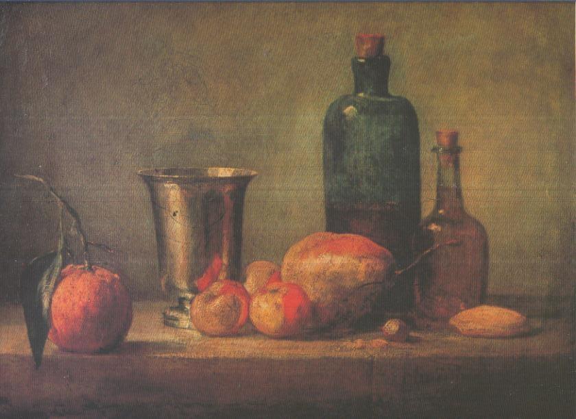 Lamina numero 73: Jean Simeon Chardin: Cubilete de plata, manzanas, pera y dos botellas