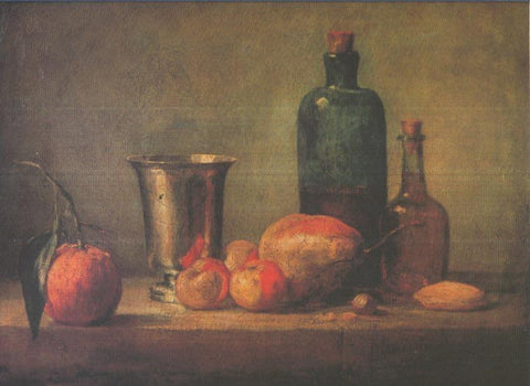 Lamina numero 73: Jean Simeon Chardin: Cubilete de plata, manzanas, pera y dos botellas