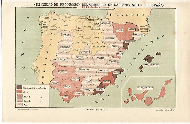 LAMINA ESPASA 11247: Mapa de España de produccion de almendro