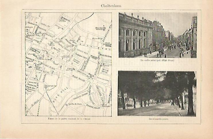 LAMINA ESPASA 1919: Vistas y plano de Cheltenham Inglaterra