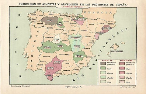 LAMINA ESPASA 12865: Mapa de España de produccion de almortas y arveejones