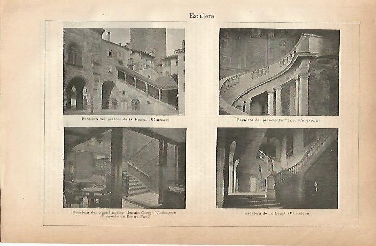 LAMINA ESPASA 18853: Escalera en Bergamo Caprarola Barcelona y del barco George Washington