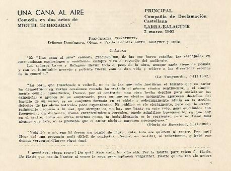 LAMINA 2525: Reparto y criticas de Una Cana al Aire. Principal 2 marzo 1902