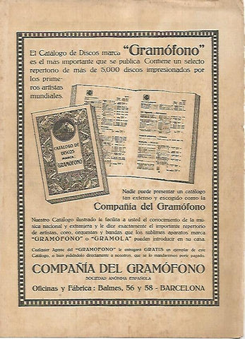 LAMINA BLANCO Y NEGRO 7578: Publicidad Compañia del Gramofono de Barcelona