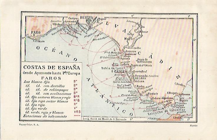 LAMINA ESPASA 15517: Mapa de las costas de España desde Ayamonte hasta Puerto Europa
