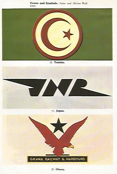 LAMINA 8750: Emblemas de ferrocarriles de Tunez Japon y Ghana