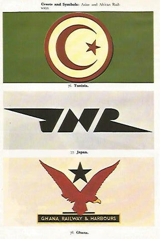 LAMINA 8750: Emblemas de ferrocarriles de Tunez Japon y Ghana