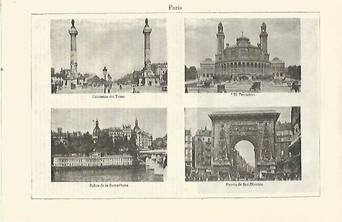 LAMINA ESPASA 23343: Columnas de Trono Trocadero Baños de la Samaritana y Puerta de San Dionisio en Paris