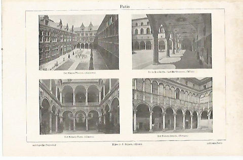 LAMINA ESPASA 23450: Patio del Museo Plantin de Amberes del Castillo Sforzesco de Milan del Palacio Tursi de Genova y del Palacio Scrofa de Ferrara