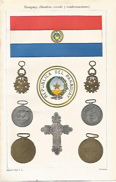 LAMINA ESPASA 23607: Bandera escudo y condecoraciones de Paraguay