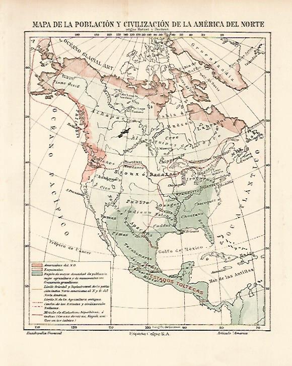 LAMINA ESPASA 23685: Mapa de la poblacion de America del Norte