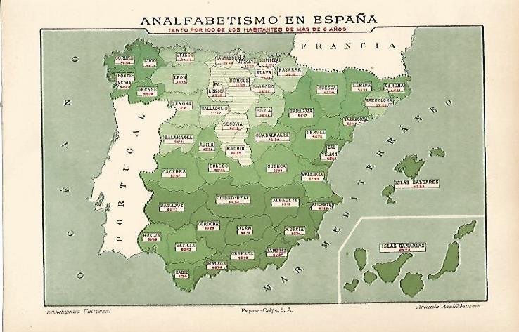LAMINA ESPASA 23726: Mapa del analfabetismo en España