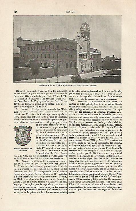 LAMINA ESPASA 24043: Residencia de los frailes Minimos en el Guinardo de Barcelona