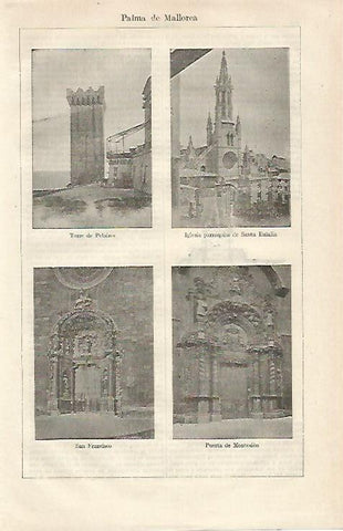 LAMINA ESPASA 24290: Torre de pelaires Iglesia de Santa Eulalia San Francisco y Puerta de Montesion en Palma de Mallorca