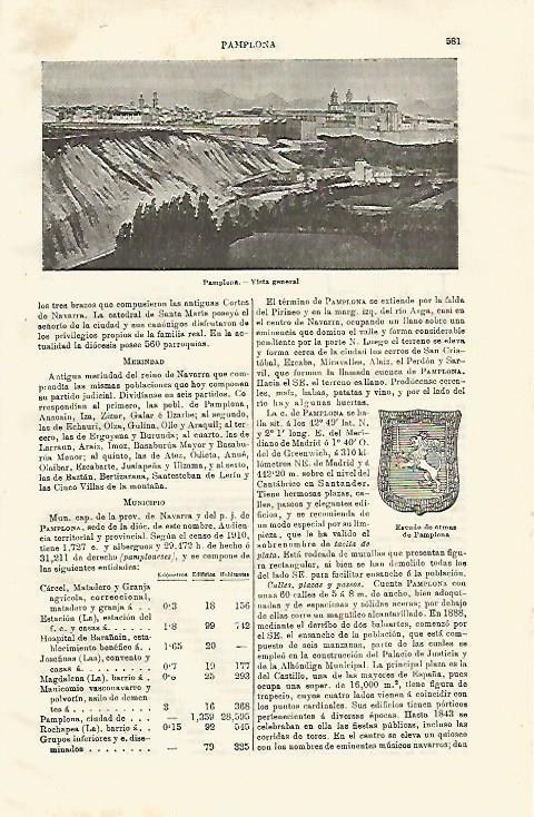 LAMINA ESPASA 23512: Vista y escudo de Pamplona