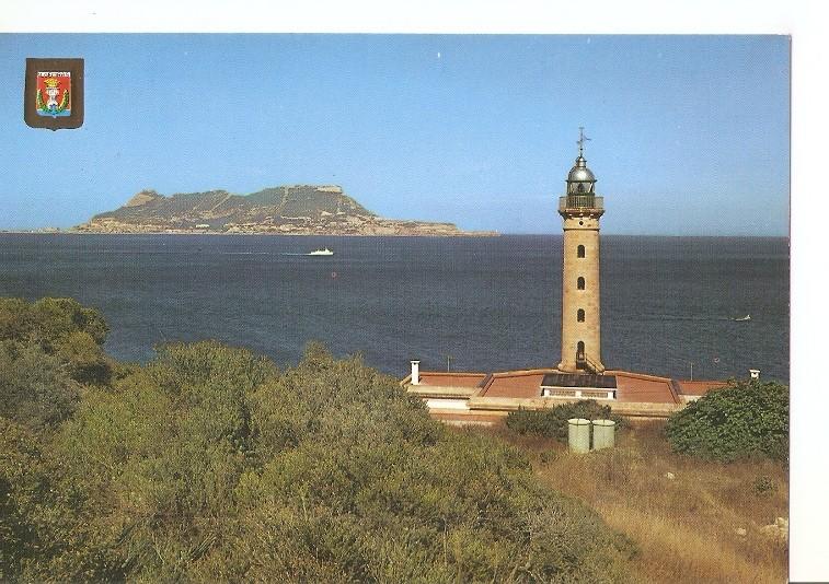 Postal 050377 : Algeciras (Cadiz). Faro Punta Carnero al fondo Peñon de Gibraltar