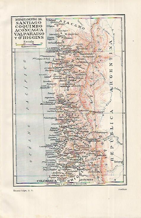 LAMINA ESPASA 12278: Mapa de los departamentos de Santiago Coquimbo Aconcagua Valparaiso y O Higgins Chile