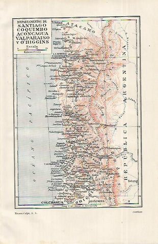 LAMINA ESPASA 12278: Mapa de los departamentos de Santiago Coquimbo Aconcagua Valparaiso y O Higgins Chile