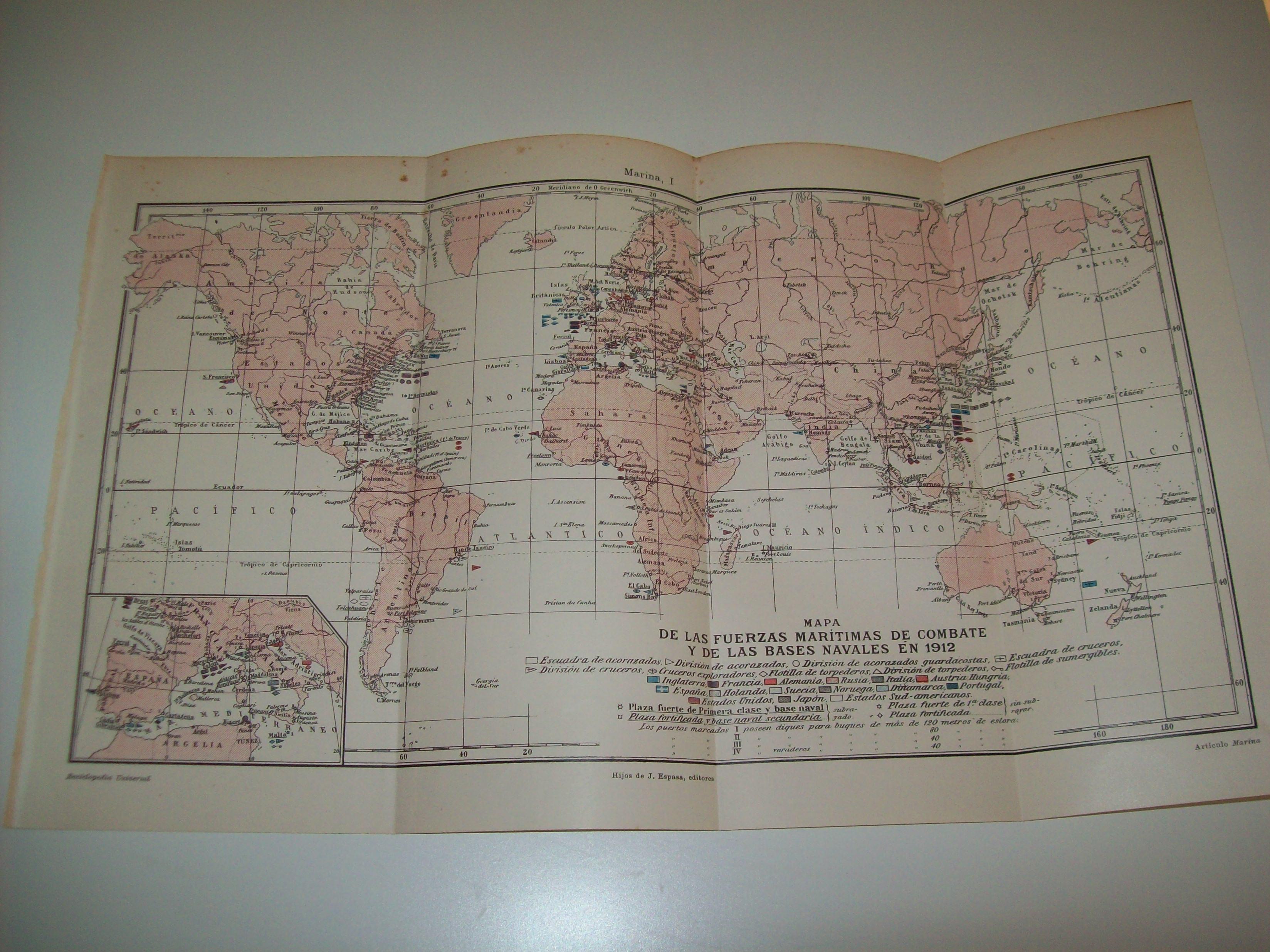 LAMINA ESPASA 1090: Mapa de las fuerzas maritimas en 1912