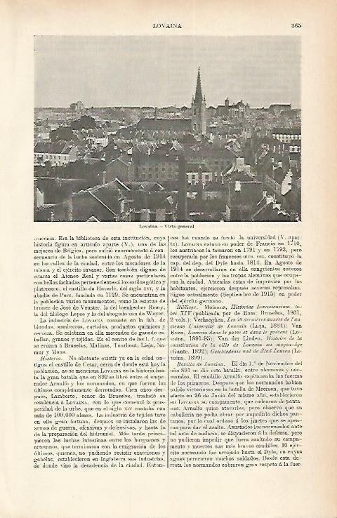 LAMINA ESPASA 1852: Vista general de Lovaina Belgica