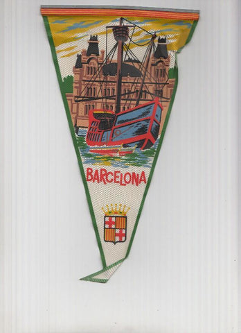 Banderin: BARCELONA - Ilustracion de goleta frente al Edifico de la Autoridad Portuaria de Barcelona