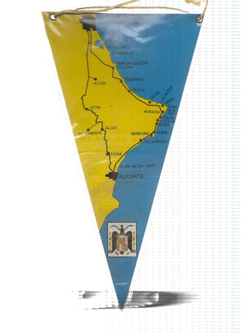 Banderin: CALPE, Alicante - Imagen del peñon de Ifach y mapa con ruta desde Valencia en trasera