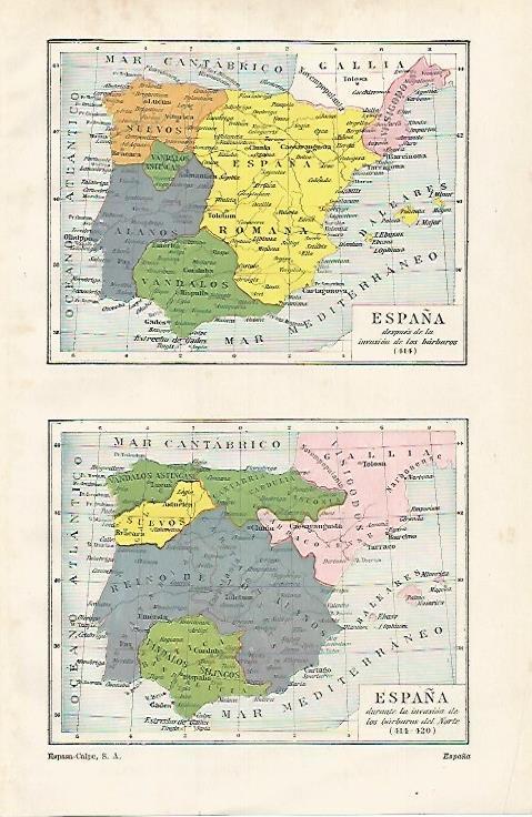 LAMINA ESPASA 15628: Mapa de España en el 414 y durante la invasion de los barbaros