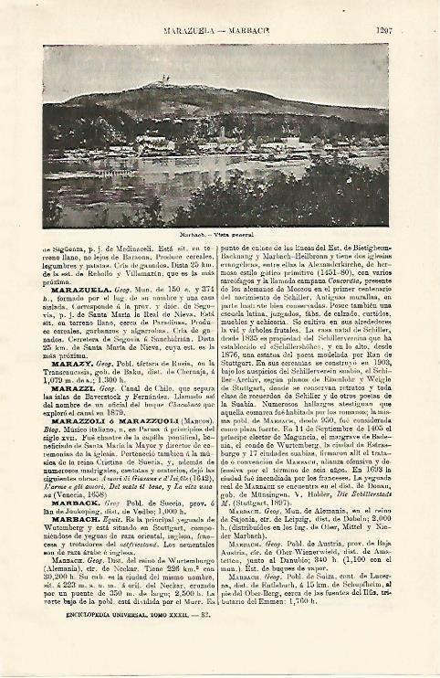 LAMINA ESPASA 18731: Vista de Marbach Alemania
