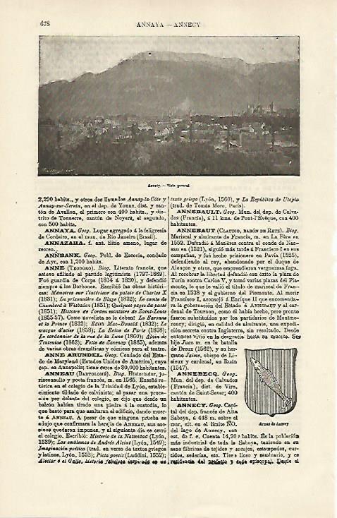 LAMINA ESPASA 23803: Vista y escudo de Annecy