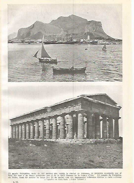 LAMINA GEOGRAFIA 0379: Monte Pellegrino en Palermo y Templo de Poseidon en Pesto Sicilia