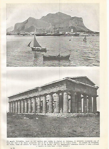 LAMINA GEOGRAFIA 0379: Monte Pellegrino en Palermo y Templo de Poseidon en Pesto Sicilia