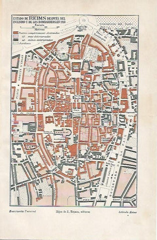 LAMINA ESPASA 975: Mapa de Reims despues del bombardeo de 1918