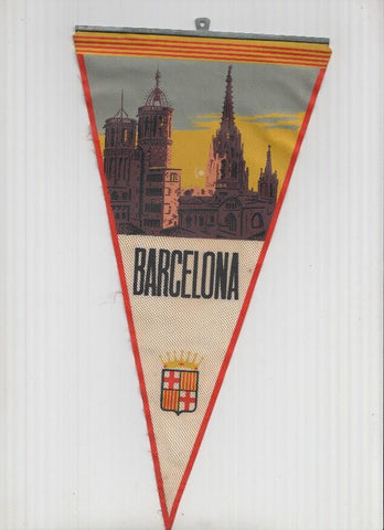 Banderin: BARCELONA - Ilustracion de la Catedral de Barcelona al Atardecer y escudo de la localidad