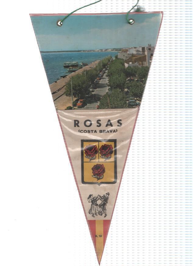 BANDERIN: ROSAS (Girona) - Vista aerea del paseo maritimo de Rosas y escudo de la localidad