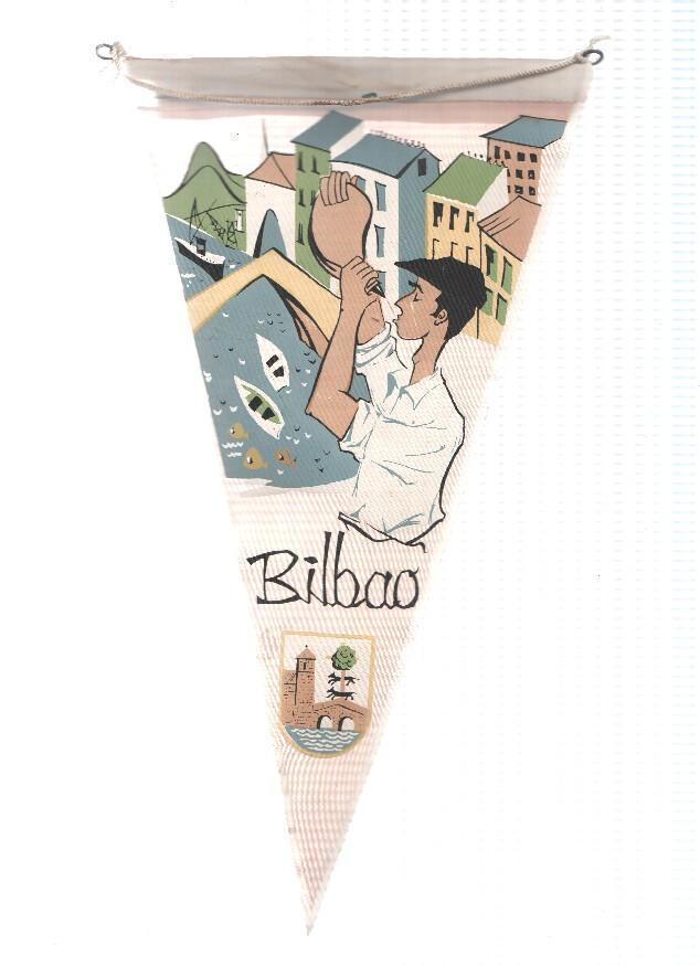 BANDERIN: BILBAO - Ilustracion de bilbaino bebiendo en bota y escudo de la localidad
