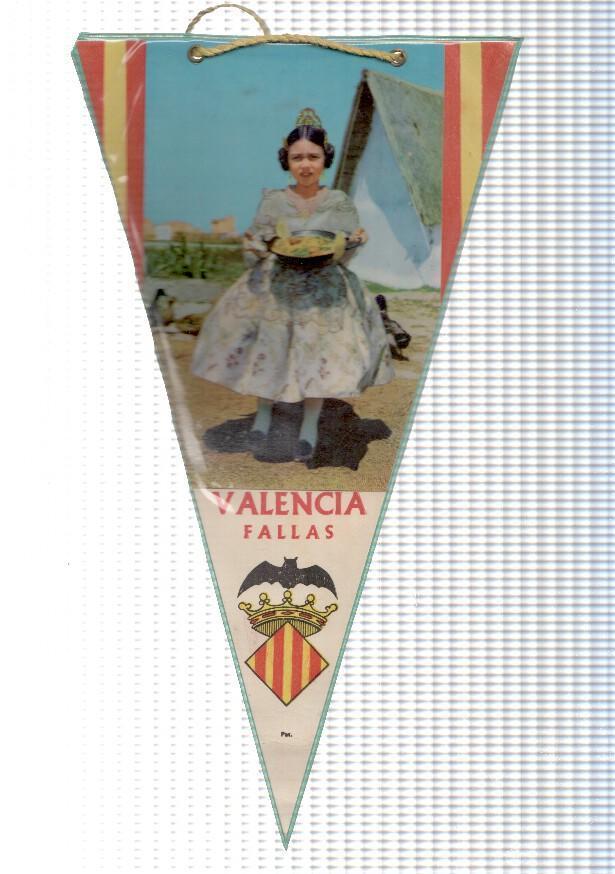 BANDERIN: VALENCIA FALLAS - Niña con traje de Fallera sujetando una paella y escudo de la localidad