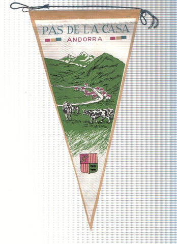 BANDERIN: PAS DE LA CASA, Andorra - Ilustracion de la localidad, vacas y escudo