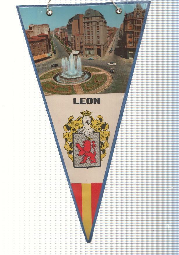 BANDERIN: LEON, Castilla Leon - Imagen de la Fuente de la Rotonda del Espolon en Leon y escudo de la localidad