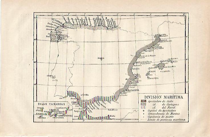LAMINA ESPASA 19854: Mapa de la Division Maritima de España