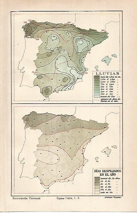 LAMINA ESPASA 15552: Mapa de lluvias y de dias despejados de España