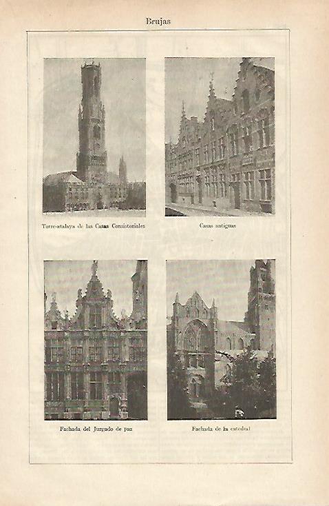 LAMINA ESPASA 25420: Casas Ayuntamiento Juzgado y Catedral de Brujas Belgica