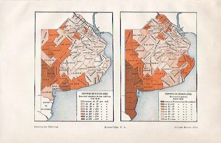 LAMINA ESPASA 25476: Mapas de la densidad de bovino y de trigo en Buenos Aires