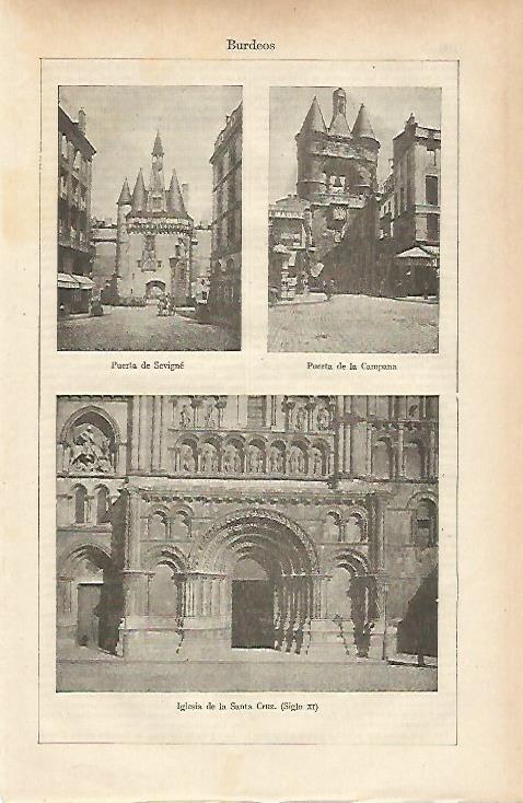 LAMINA ESPASA 25520: Puerta de Sevigne Puerta de la Campana e Iglesia de la Santa Cruz en Burdeos