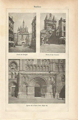 LAMINA ESPASA 25520: Puerta de Sevigne Puerta de la Campana e Iglesia de la Santa Cruz en Burdeos