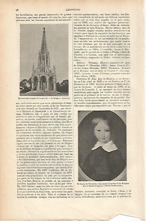 LAMINA ESPASA 25564: Monumento a Leopoldo I de Belgica 