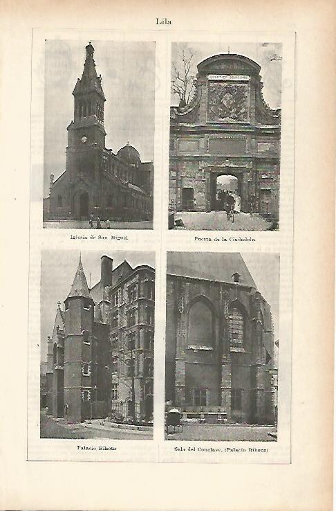 LAMINA ESPASA 25679: Iglesia de San Miguel Palacio Rihour y Puerta de la Ciudadela en Lila Francia