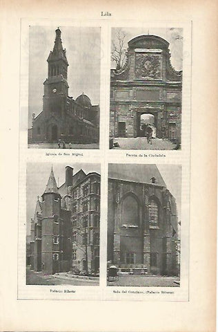 LAMINA ESPASA 25679: Iglesia de San Miguel Palacio Rihour y Puerta de la Ciudadela en Lila Francia