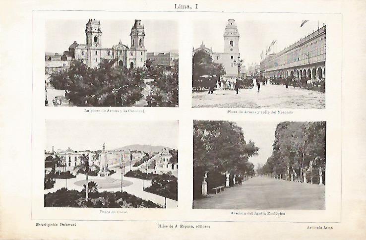 LAMINA ESPASA 25688: Plaza de Armas Catedral Paseo de Colon y Calle del Mercado en Lima Peru