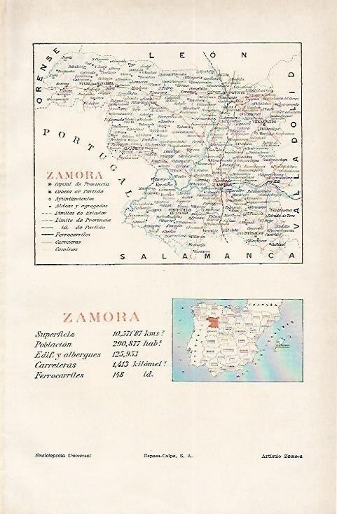 LAMINA ESPASA 1620: Mapa de la provincia de Zamora